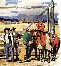 Cowboys at ranch gate